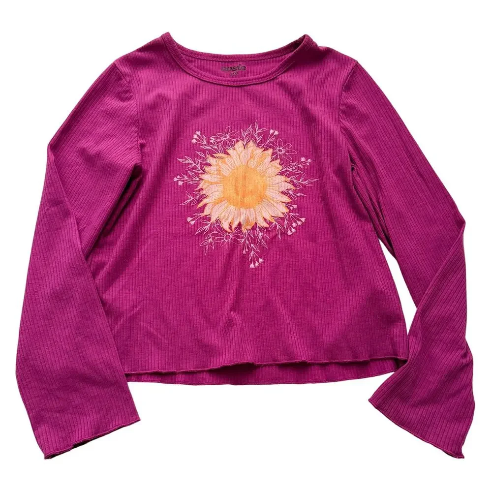 Maurice’s Evsie Pink Ribbed Sunflower Long Sleeve Top